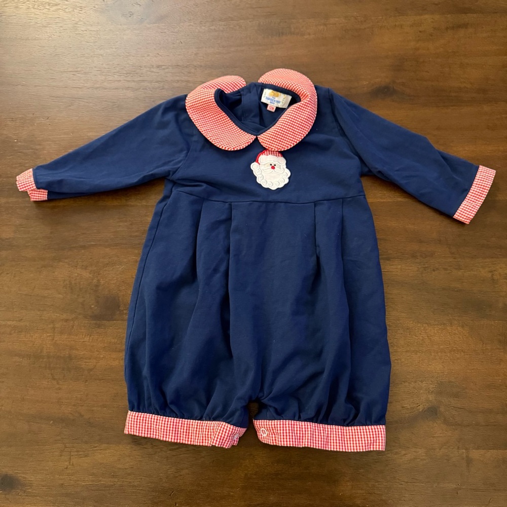 The Smocking Bug 12 Months‎ Navy and Red Baby Romper with Collar Santa